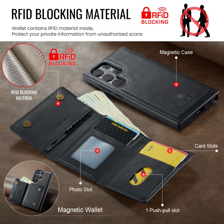 For Samsung Galaxy S23 Ultra 5G DG.MING M6 Series RFID Tri-fold Card Bag Removable Leather Phone Case