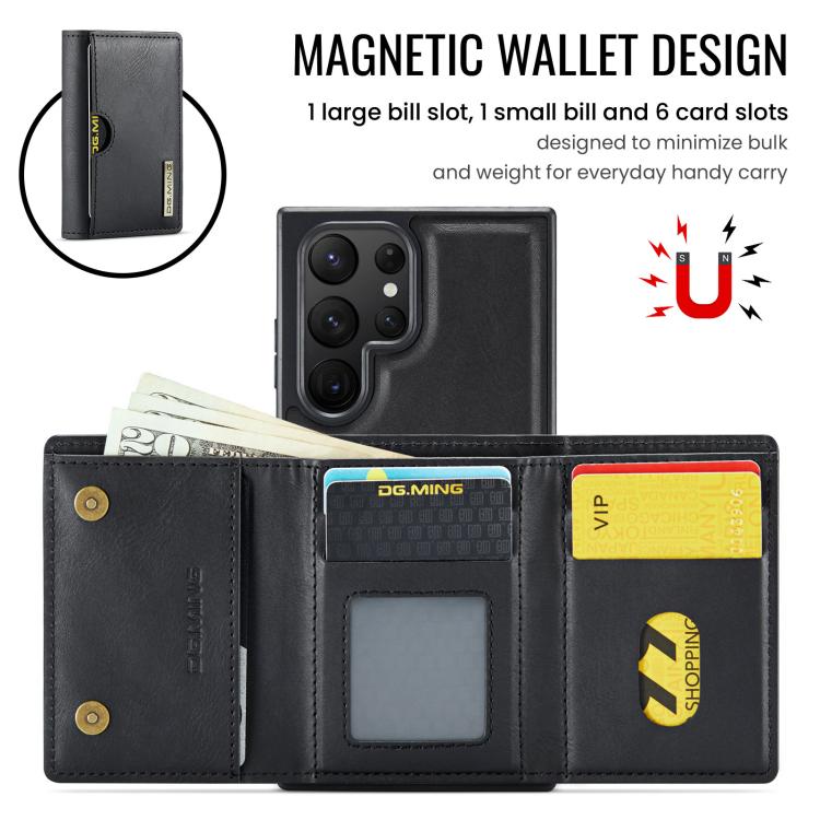 For Samsung Galaxy S23 Ultra 5G DG.MING M6 Series RFID Tri-fold Card Bag Removable Leather Phone Case