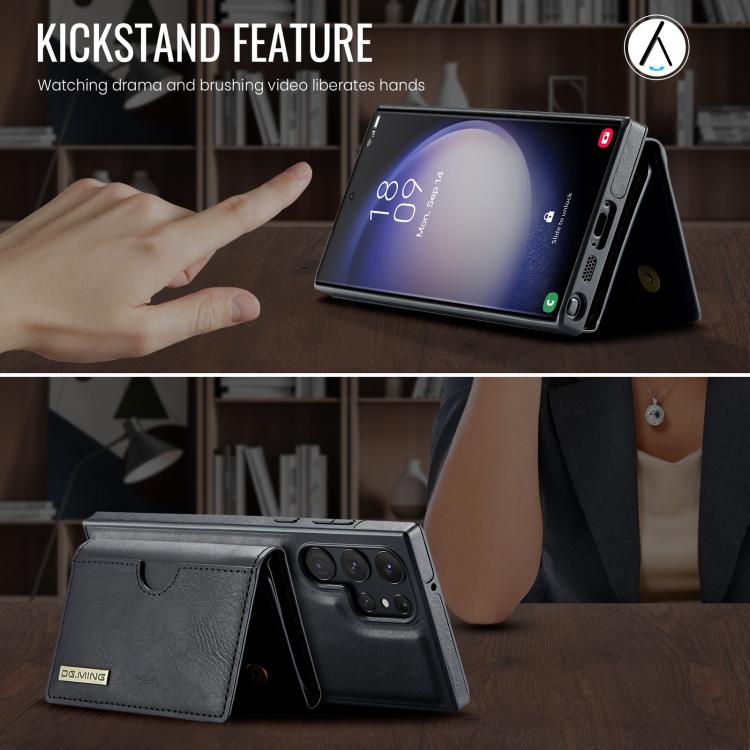 For Samsung Galaxy S23 Ultra 5G DG.MING M6 Series RFID Tri-fold Card Bag Removable Leather Phone Case