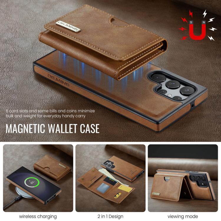 For Samsung Galaxy S23 Ultra 5G DG.MING M6 Series RFID Tri-fold Card Bag Removable Leather Phone Case