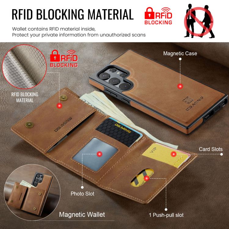 For Samsung Galaxy S23 Ultra 5G DG.MING M6 Series RFID Tri-fold Card Bag Removable Leather Phone Case