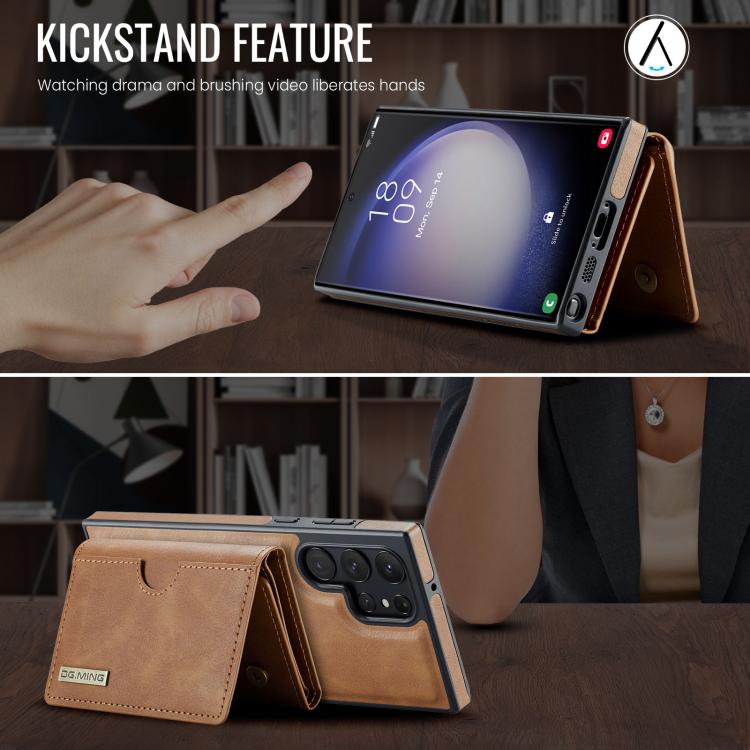 For Samsung Galaxy S23 Ultra 5G DG.MING M6 Series RFID Tri-fold Card Bag Removable Leather Phone Case