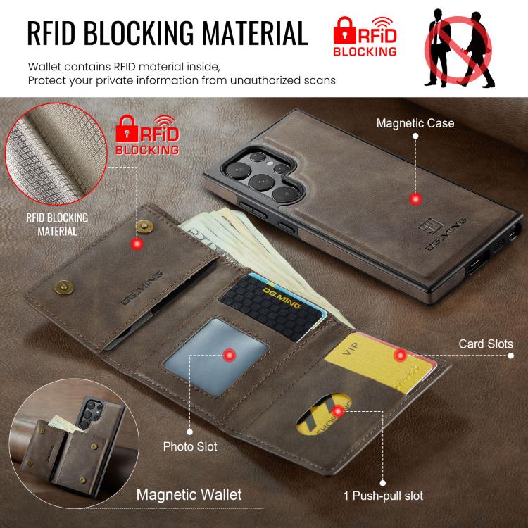 For Samsung Galaxy S23 Ultra 5G DG.MING M6 Series RFID Tri-fold Card Bag Removable Leather Phone Case