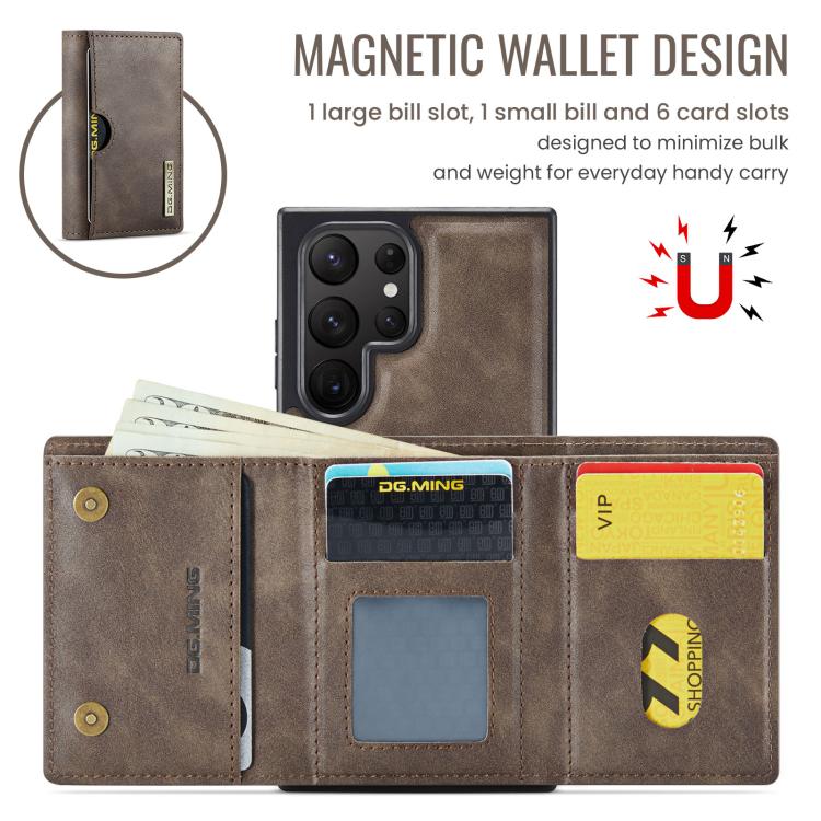 For Samsung Galaxy S23 Ultra 5G DG.MING M6 Series RFID Tri-fold Card Bag Removable Leather Phone Case