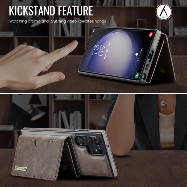 For Samsung Galaxy S23 Ultra 5G DG.MING M6 Series RFID Tri-fold Card Bag Removable Leather Phone Case