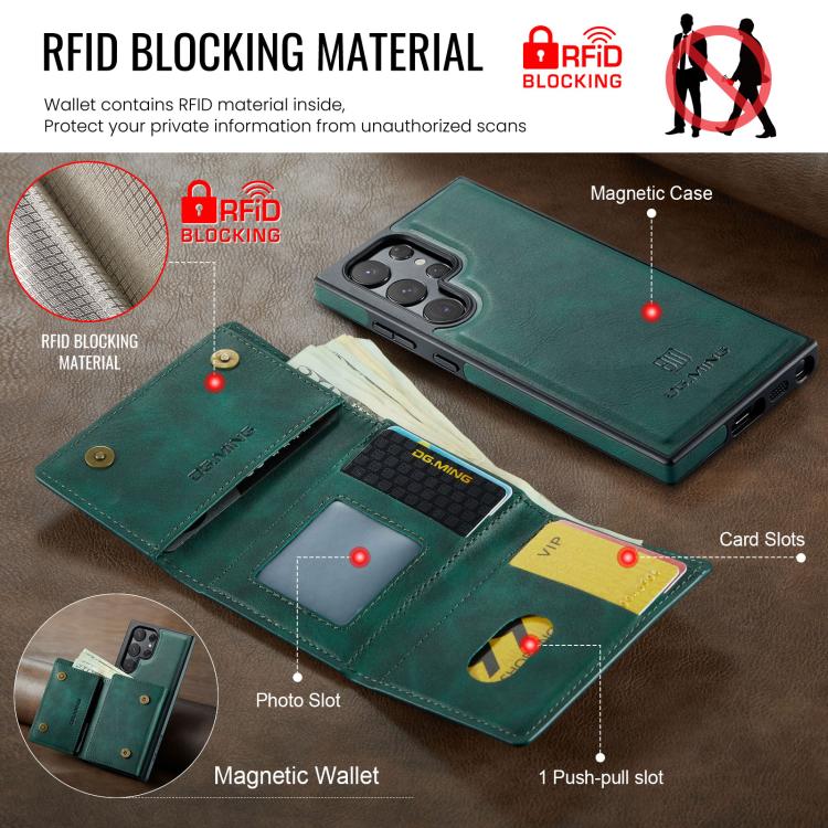 For Samsung Galaxy S23 Ultra 5G DG.MING M6 Series RFID Tri-fold Card Bag Removable Leather Phone Case