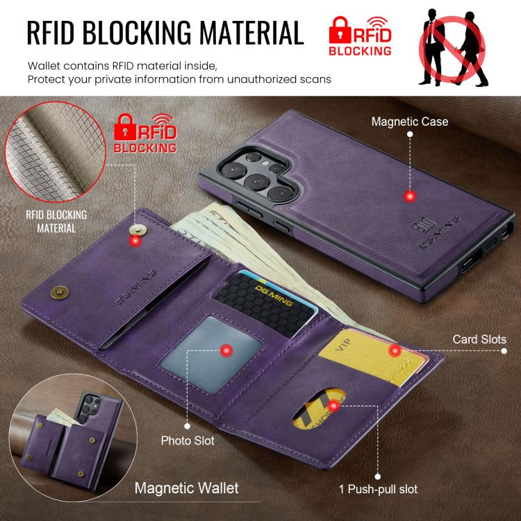 For Samsung Galaxy S23 Ultra 5G DG.MING M6 Series RFID Tri-fold Card Bag Removable Leather Phone Case