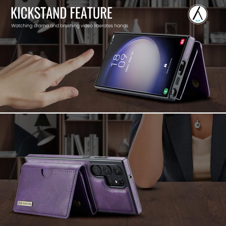 For Samsung Galaxy S23 Ultra 5G DG.MING M6 Series RFID Tri-fold Card Bag Removable Leather Phone Case