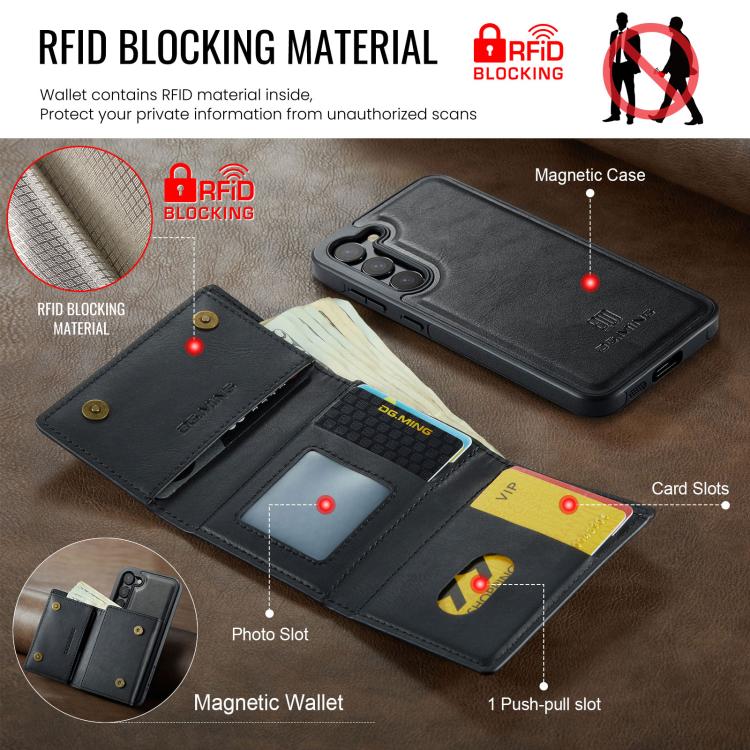 For Samsung Galaxy S23 5G DG.MING M6 Series RFID Tri-fold Card Bag Removable Leather Phone Case