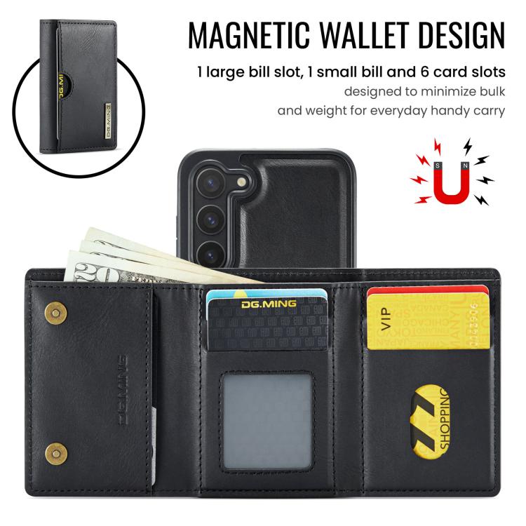 For Samsung Galaxy S23 5G DG.MING M6 Series RFID Tri-fold Card Bag Removable Leather Phone Case