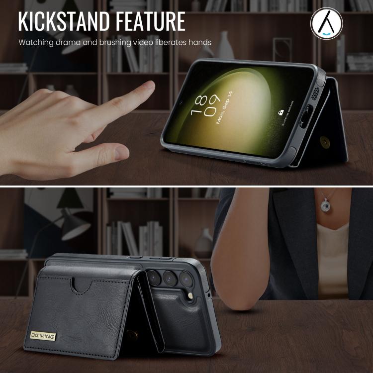 For Samsung Galaxy S23 5G DG.MING M6 Series RFID Tri-fold Card Bag Removable Leather Phone Case
