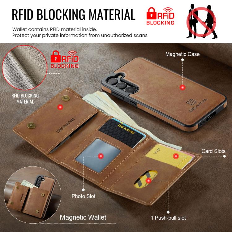 For Samsung Galaxy S23 5G DG.MING M6 Series RFID Tri-fold Card Bag Removable Leather Phone Case