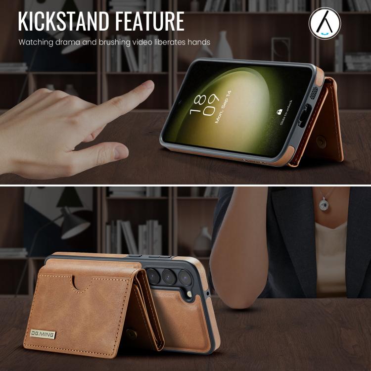 For Samsung Galaxy S23 5G DG.MING M6 Series RFID Tri-fold Card Bag Removable Leather Phone Case
