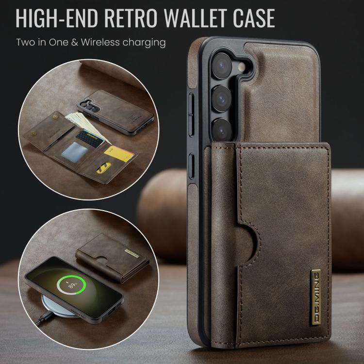 For Samsung Galaxy S23 5G DG.MING M6 Series RFID Tri-fold Card Bag Removable Leather Phone Case