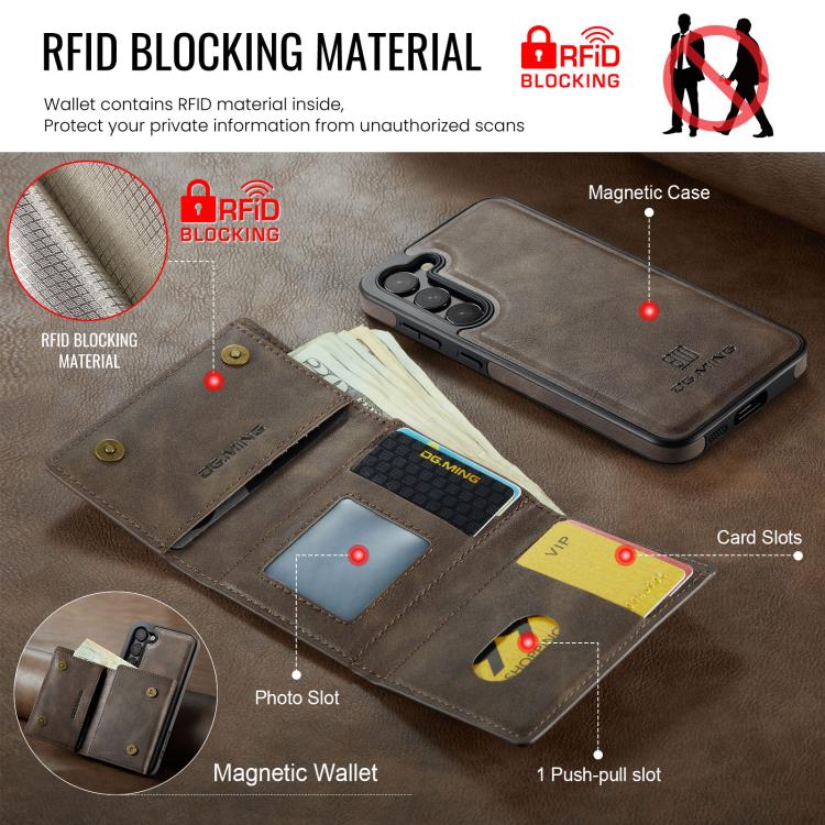 For Samsung Galaxy S23 5G DG.MING M6 Series RFID Tri-fold Card Bag Removable Leather Phone Case