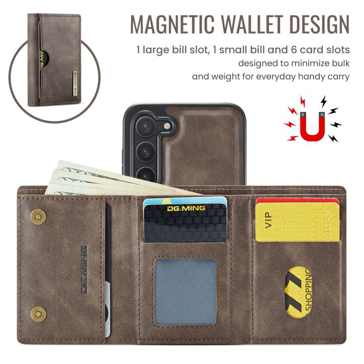For Samsung Galaxy S23 5G DG.MING M6 Series RFID Tri-fold Card Bag Removable Leather Phone Case