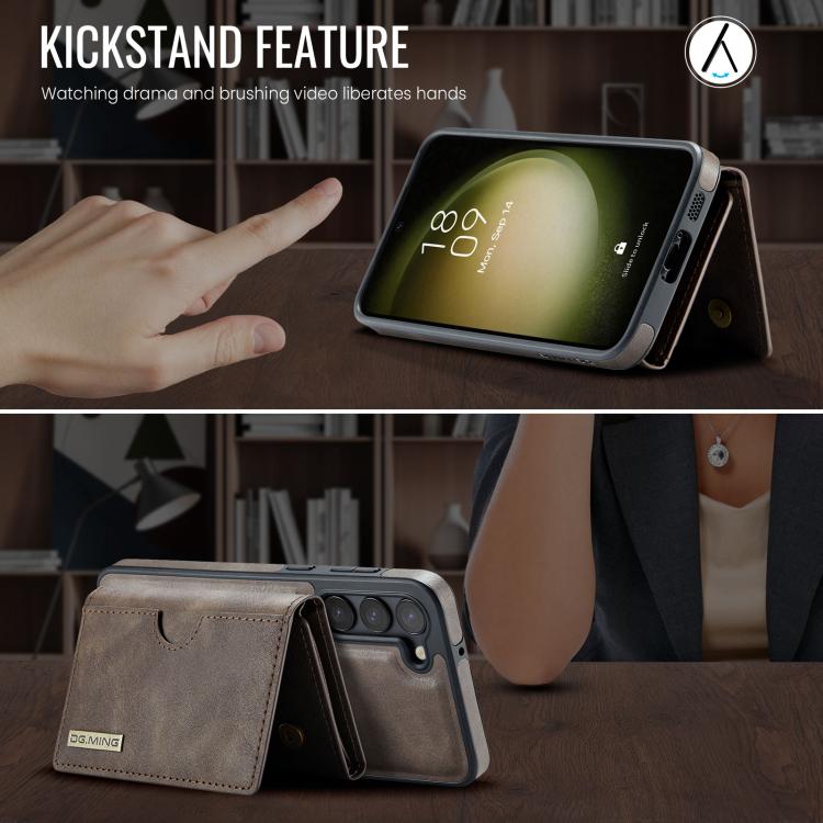 For Samsung Galaxy S23 5G DG.MING M6 Series RFID Tri-fold Card Bag Removable Leather Phone Case