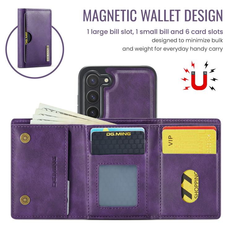 For Samsung Galaxy S23 5G DG.MING M6 Series RFID Tri-fold Card Bag Removable Leather Phone Case