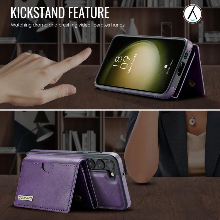 For Samsung Galaxy S23 5G DG.MING M6 Series RFID Tri-fold Card Bag Removable Leather Phone Case