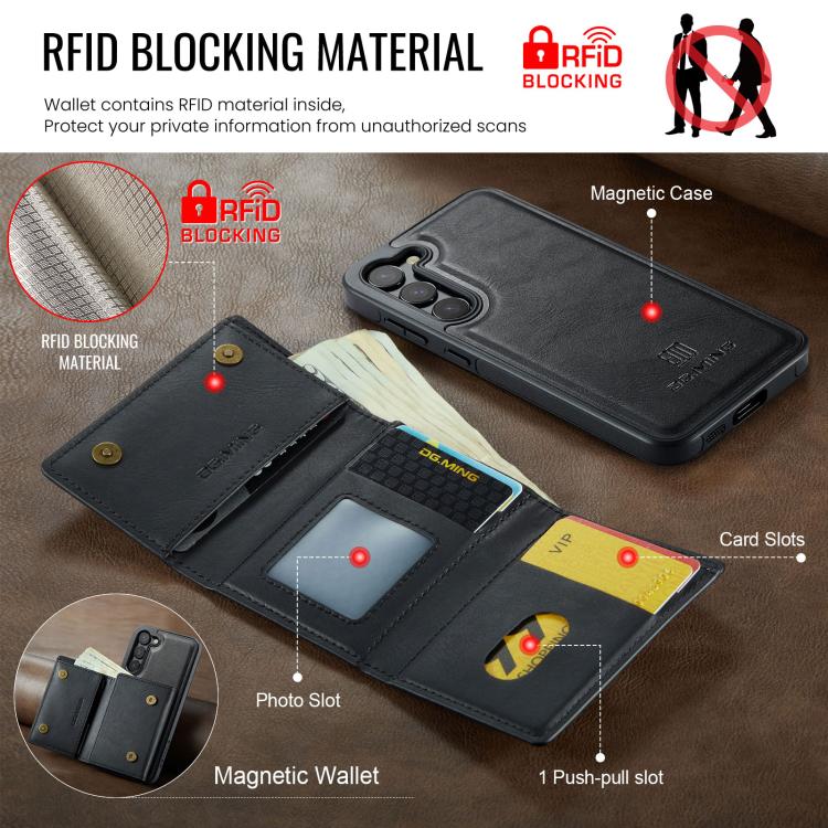 For Samsung Galaxy S23+ 5G DG.MING M6 Series RFID Tri-fold Card Bag Removable Leather Phone Case