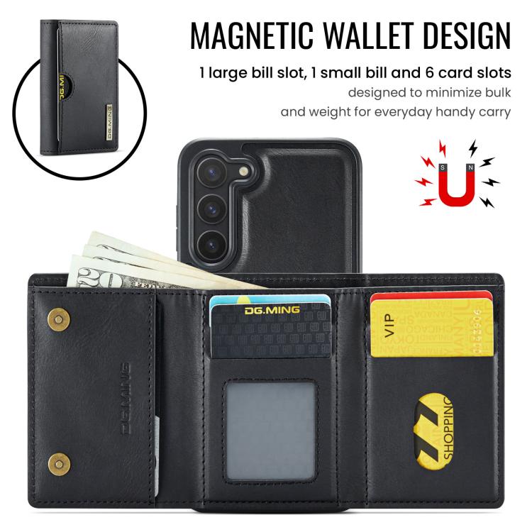 For Samsung Galaxy S23+ 5G DG.MING M6 Series RFID Tri-fold Card Bag Removable Leather Phone Case