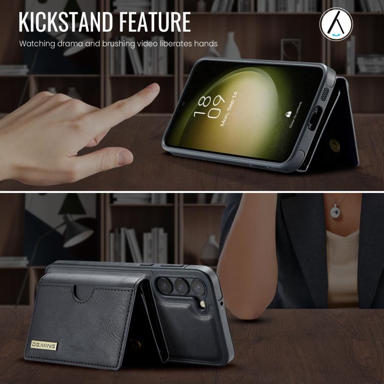 For Samsung Galaxy S23+ 5G DG.MING M6 Series RFID Tri-fold Card Bag Removable Leather Phone Case