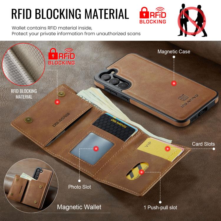 For Samsung Galaxy S23+ 5G DG.MING M6 Series RFID Tri-fold Card Bag Removable Leather Phone Case