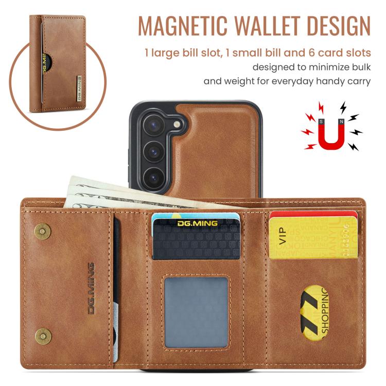 For Samsung Galaxy S23+ 5G DG.MING M6 Series RFID Tri-fold Card Bag Removable Leather Phone Case
