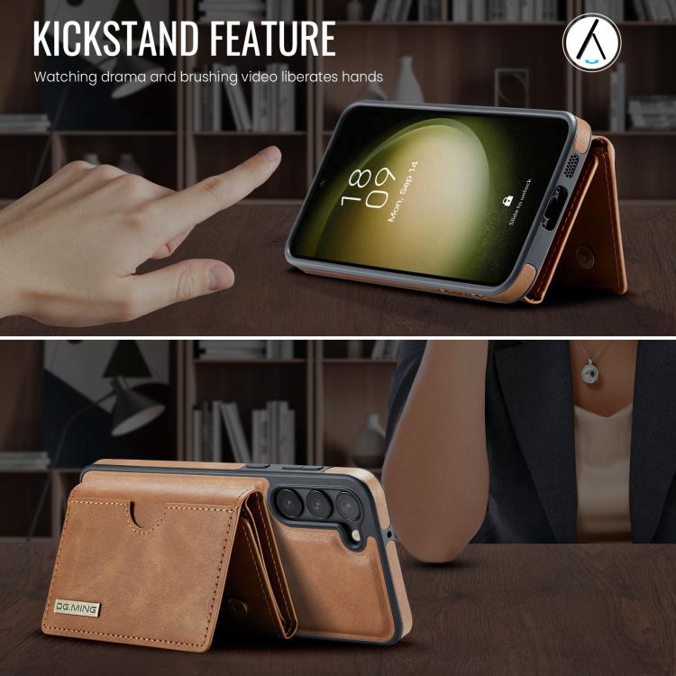 For Samsung Galaxy S23+ 5G DG.MING M6 Series RFID Tri-fold Card Bag Removable Leather Phone Case