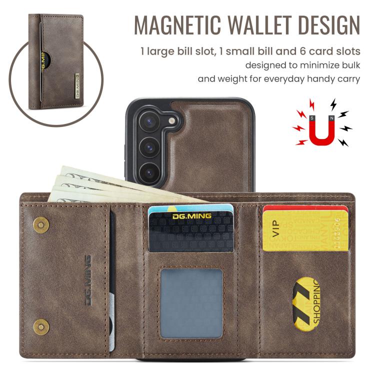 For Samsung Galaxy S23+ 5G DG.MING M6 Series RFID Tri-fold Card Bag Removable Leather Phone Case