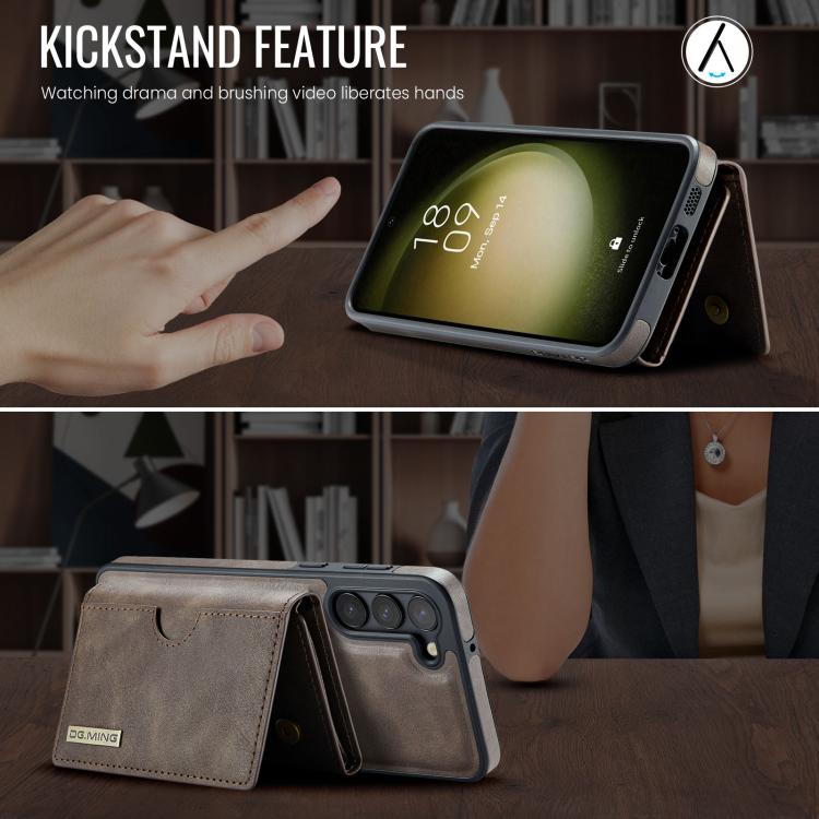 For Samsung Galaxy S23+ 5G DG.MING M6 Series RFID Tri-fold Card Bag Removable Leather Phone Case