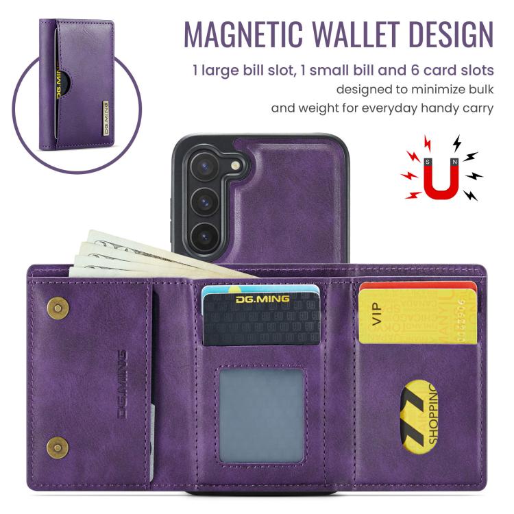 For Samsung Galaxy S23+ 5G DG.MING M6 Series RFID Tri-fold Card Bag Removable Leather Phone Case