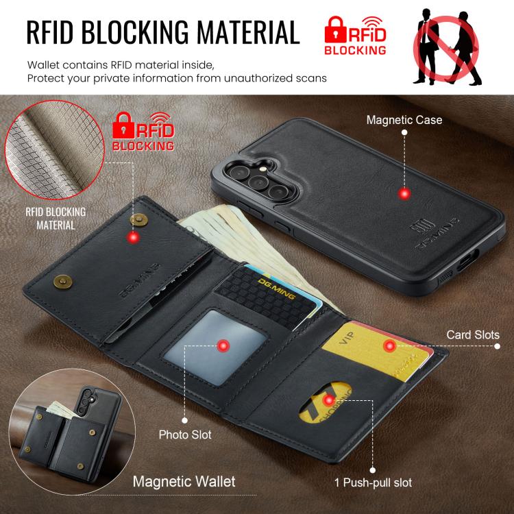 For Samsung Galaxy S23 FE 5G DG.MING M6 Series RFID Tri-fold Card Bag Removable Leather Phone Case
