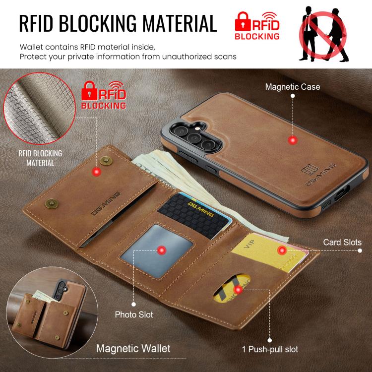 For Samsung Galaxy S23 FE 5G DG.MING M6 Series RFID Tri-fold Card Bag Removable Leather Phone Case