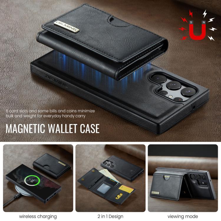 For Samsung Galaxy S22 Ultra 5G DG.MING M6 Series RFID Tri-fold Card Bag Removable Leather Phone Case
