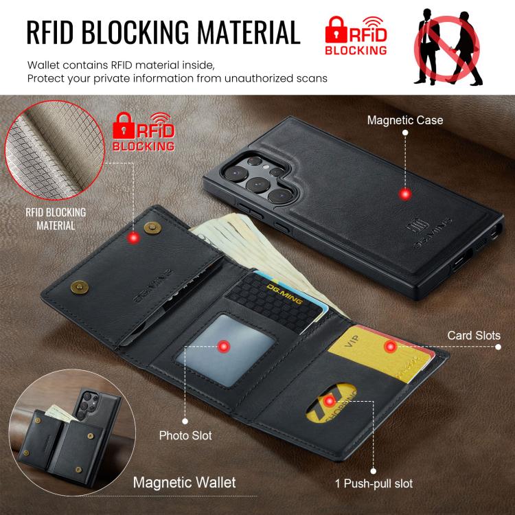 For Samsung Galaxy S22 Ultra 5G DG.MING M6 Series RFID Tri-fold Card Bag Removable Leather Phone Case