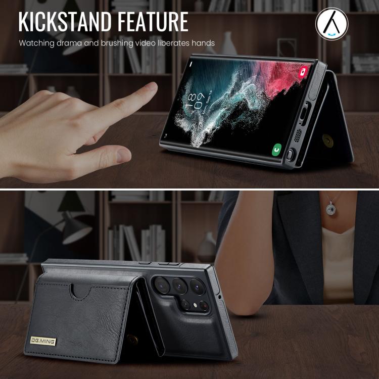 For Samsung Galaxy S22 Ultra 5G DG.MING M6 Series RFID Tri-fold Card Bag Removable Leather Phone Case