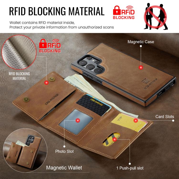 For Samsung Galaxy S22 Ultra 5G DG.MING M6 Series RFID Tri-fold Card Bag Removable Leather Phone Case
