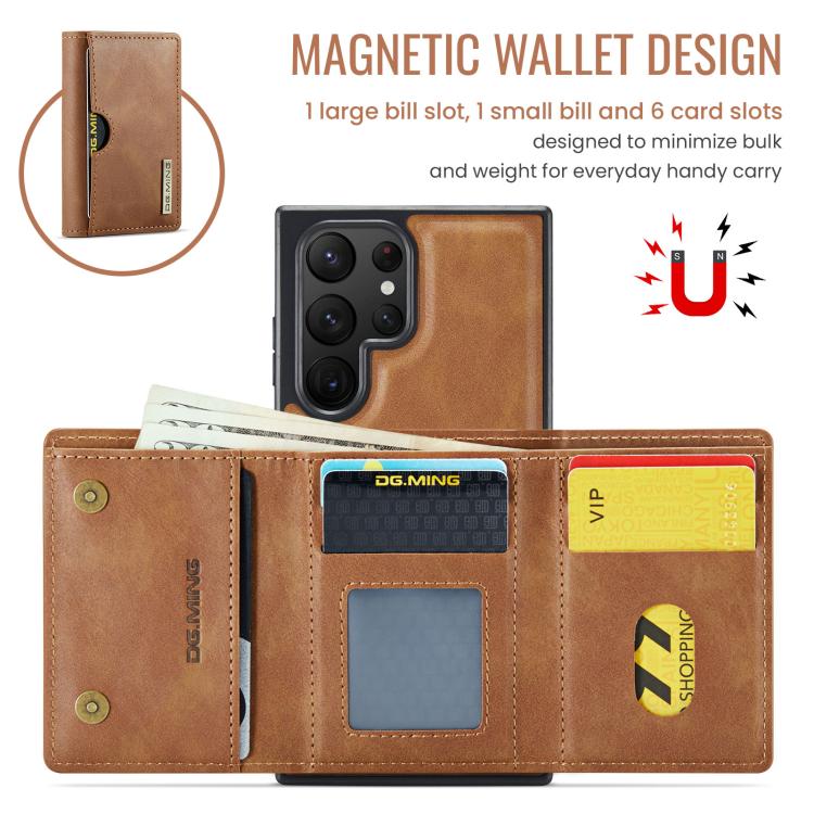 For Samsung Galaxy S22 Ultra 5G DG.MING M6 Series RFID Tri-fold Card Bag Removable Leather Phone Case