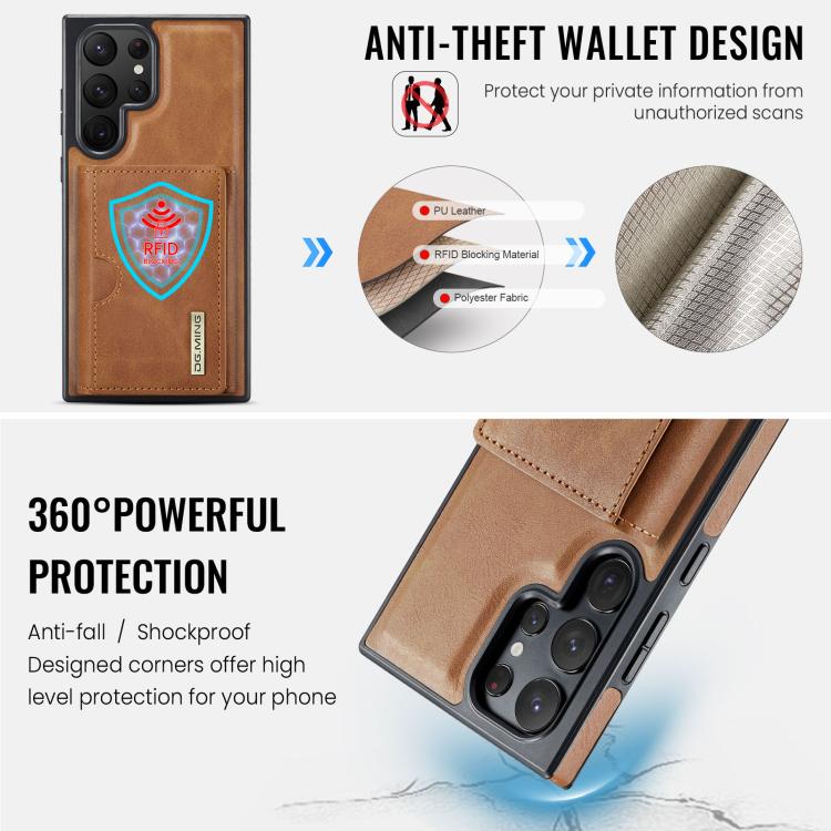 For Samsung Galaxy S22 Ultra 5G DG.MING M6 Series RFID Tri-fold Card Bag Removable Leather Phone Case