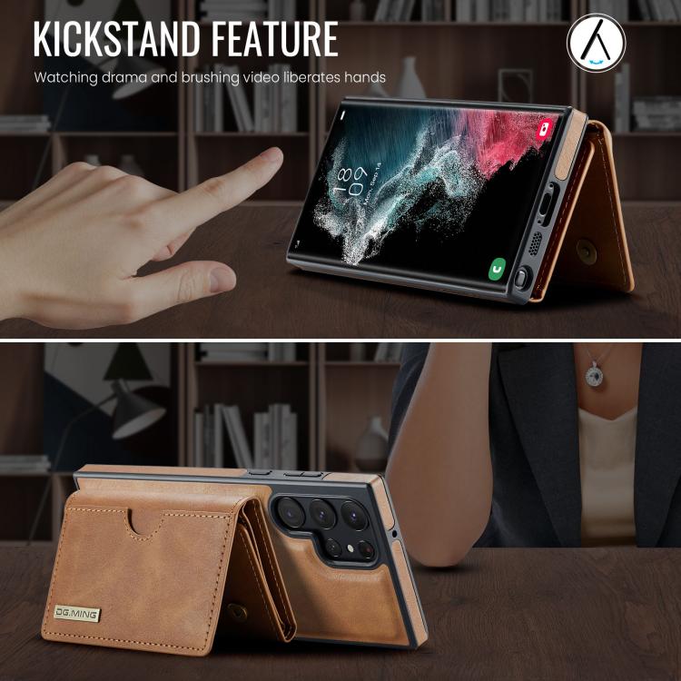 For Samsung Galaxy S22 Ultra 5G DG.MING M6 Series RFID Tri-fold Card Bag Removable Leather Phone Case