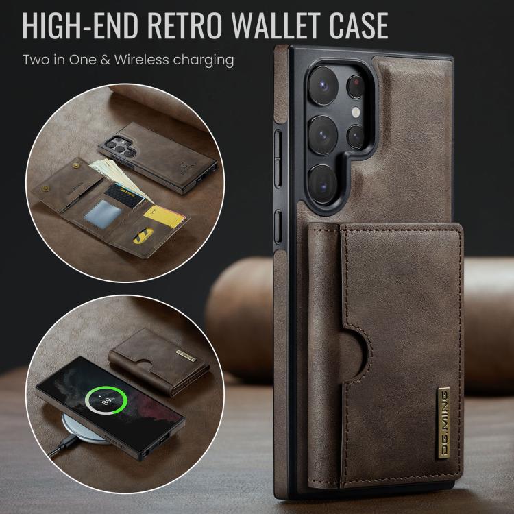 For Samsung Galaxy S22 Ultra 5G DG.MING M6 Series RFID Tri-fold Card Bag Removable Leather Phone Case