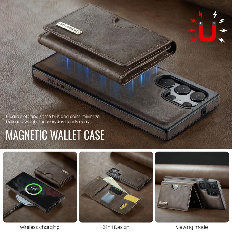 For Samsung Galaxy S22 Ultra 5G DG.MING M6 Series RFID Tri-fold Card Bag Removable Leather Phone Case