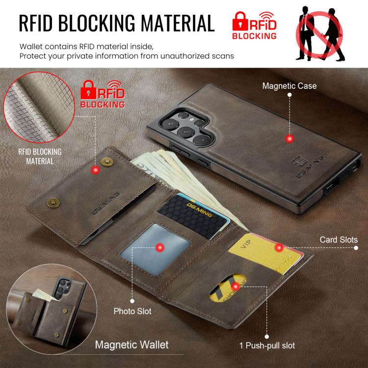 For Samsung Galaxy S22 Ultra 5G DG.MING M6 Series RFID Tri-fold Card Bag Removable Leather Phone Case