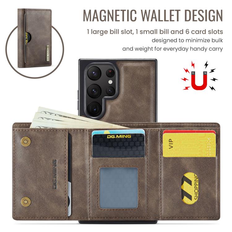 For Samsung Galaxy S22 Ultra 5G DG.MING M6 Series RFID Tri-fold Card Bag Removable Leather Phone Case