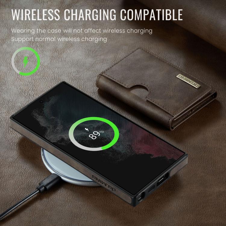 For Samsung Galaxy S22 Ultra 5G DG.MING M6 Series RFID Tri-fold Card Bag Removable Leather Phone Case