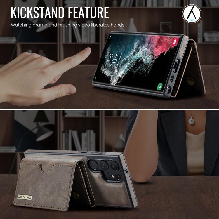 For Samsung Galaxy S22 Ultra 5G DG.MING M6 Series RFID Tri-fold Card Bag Removable Leather Phone Case