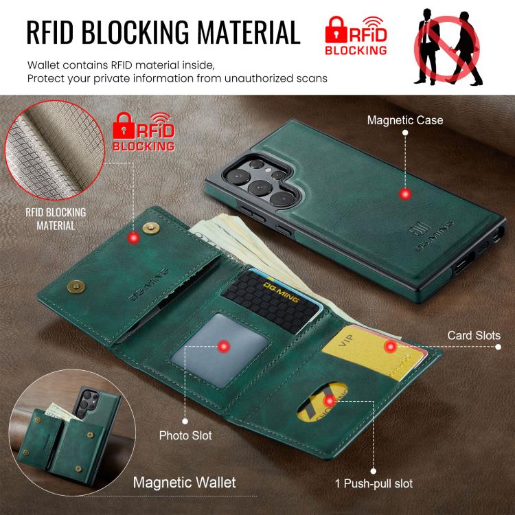 For Samsung Galaxy S22 Ultra 5G DG.MING M6 Series RFID Tri-fold Card Bag Removable Leather Phone Case
