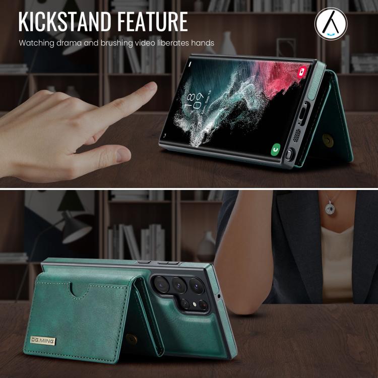 For Samsung Galaxy S22 Ultra 5G DG.MING M6 Series RFID Tri-fold Card Bag Removable Leather Phone Case