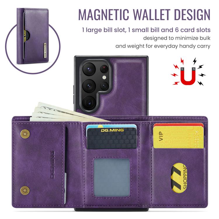 For Samsung Galaxy S22 Ultra 5G DG.MING M6 Series RFID Tri-fold Card Bag Removable Leather Phone Case